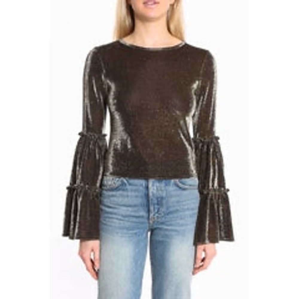 LIKELY Freya Gold Metallic‎ Tiered Bell Sleeve Shimmer Party Blouse Small